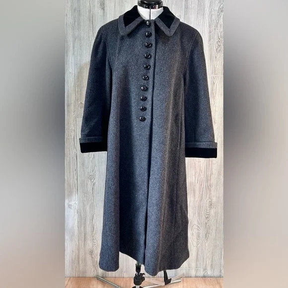 Vintage Mario de Pinto Wool Button Down Trench Overcoat with Velvet Trim Large - Picture 1 of 16